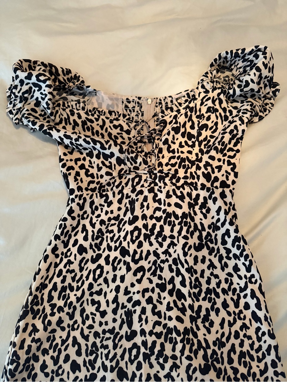 Aqua Cream and Black Leopard Lace-Up Puff Sleeve Tunic